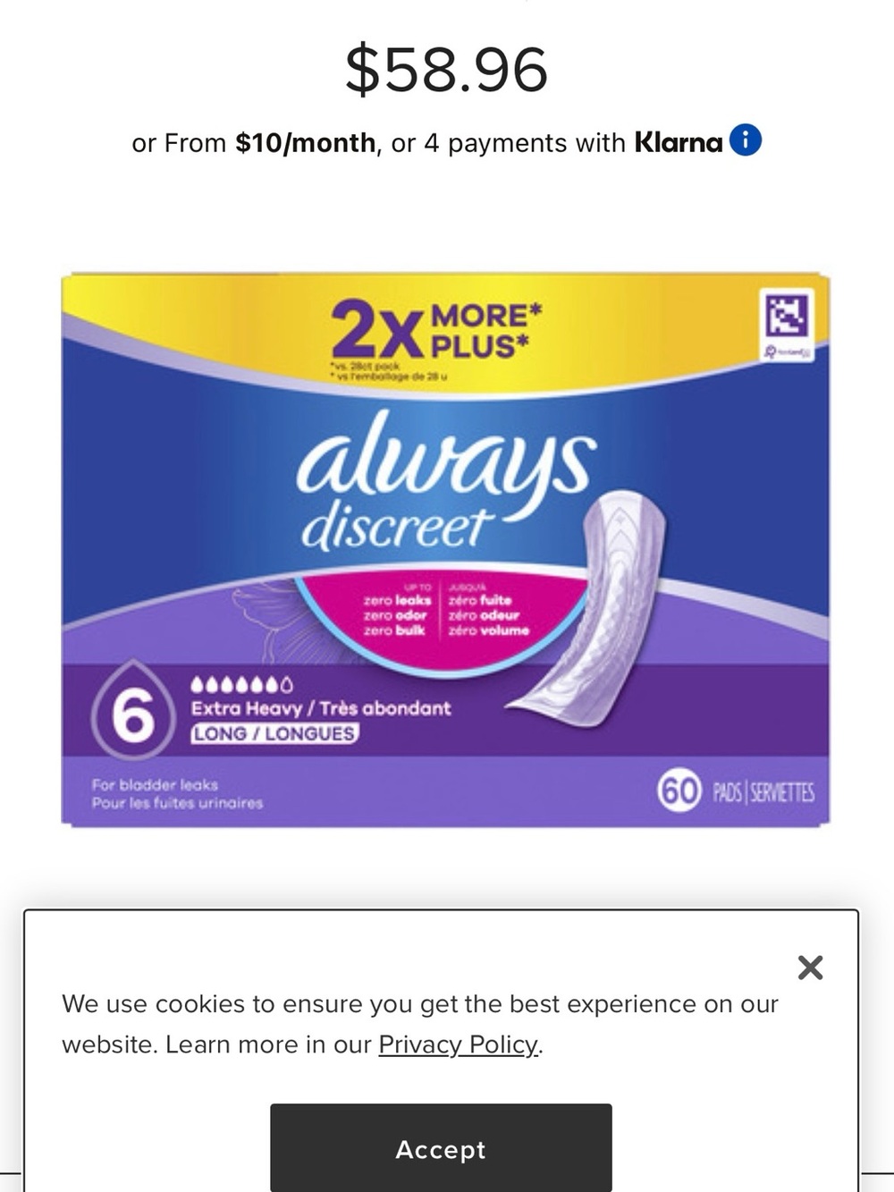 Always Discreet Extra Heavy Long 60 Pads For Bladder Leaks - Picture 2 of 6
